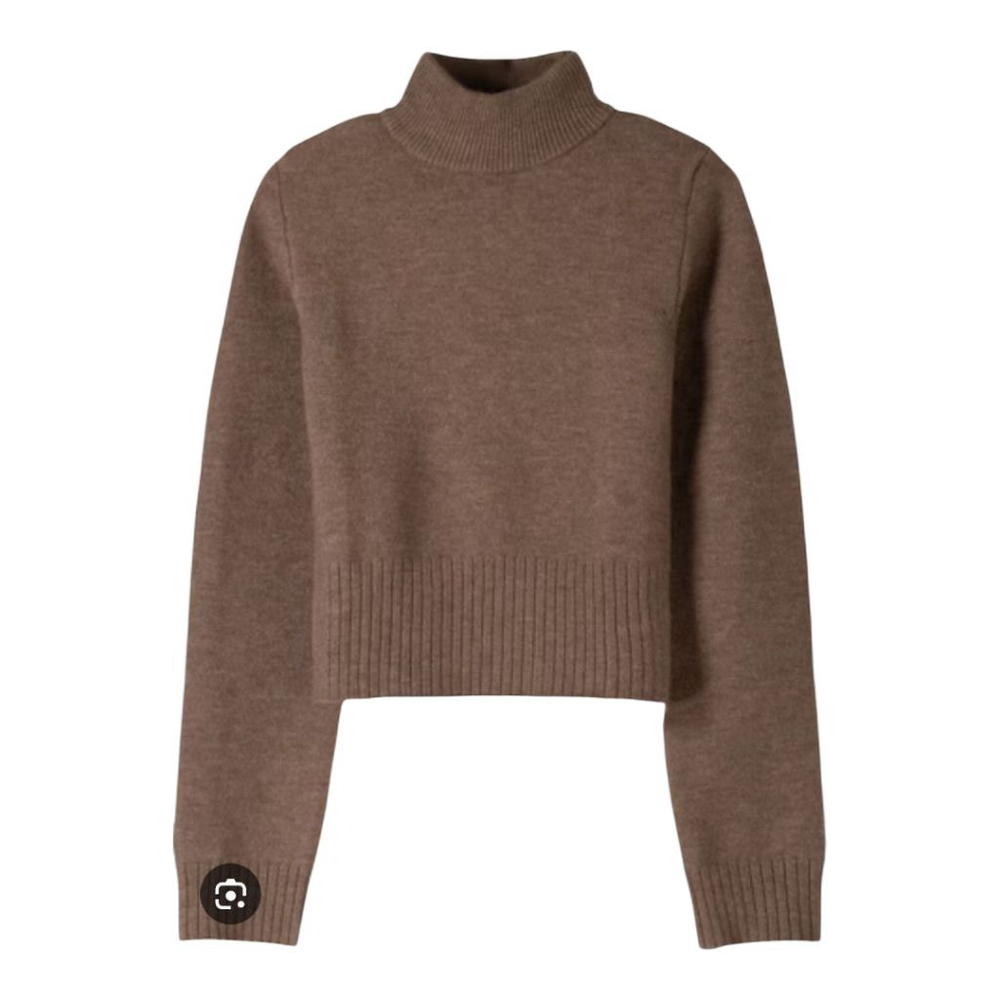Bershka Wool Blend Mock Turtleneck Cropped Long Sleeved Sweater in Chocolate - Picture 2 of 9